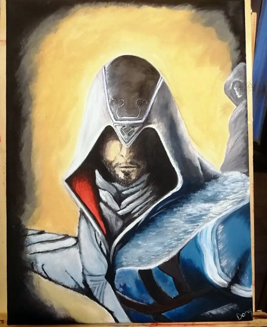 Ritratto dell'assassino incappucciato del videogioco Assassin's Creed
