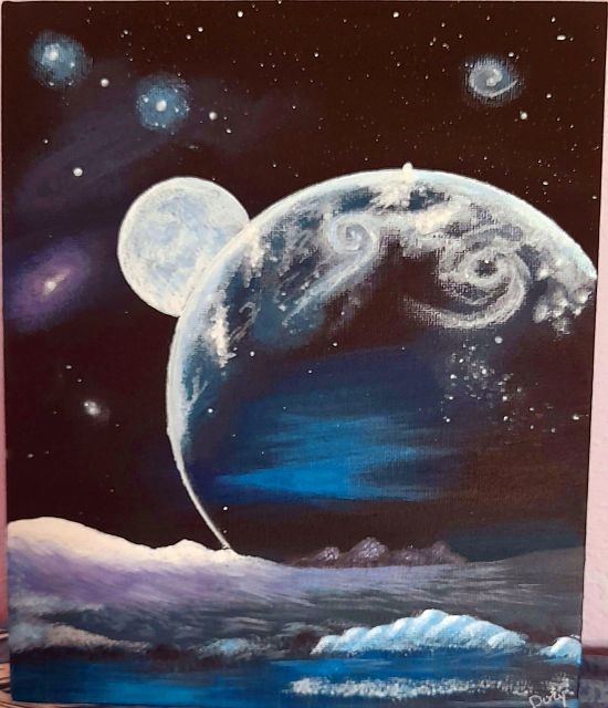Quadro con luna e montagne innevate dipinto a mano